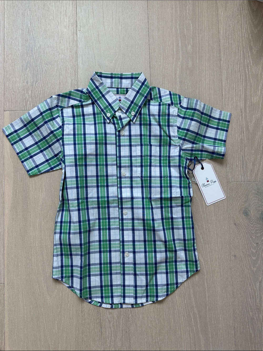 Classic Prep Short-Sleeve Plaid Button-Down Shirt - Blue & Green